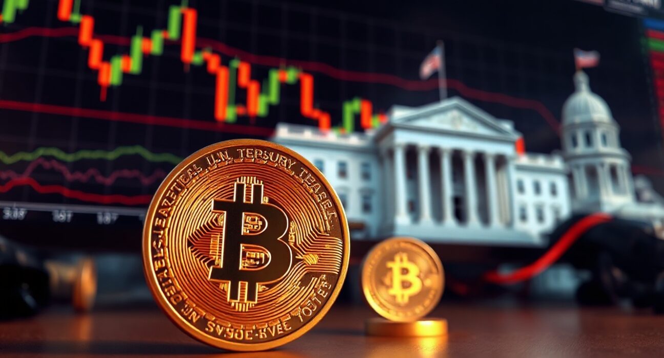 Bitcoin coin in foreground with financial charts and U.S. Treasury building in background