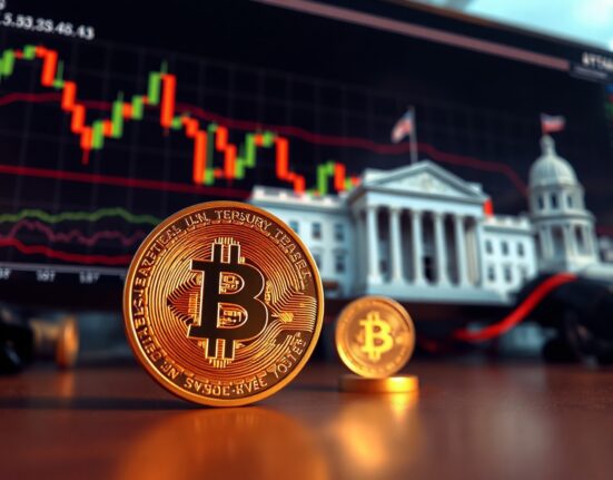 Bitcoin coin in foreground with financial charts and U.S. Treasury building in background