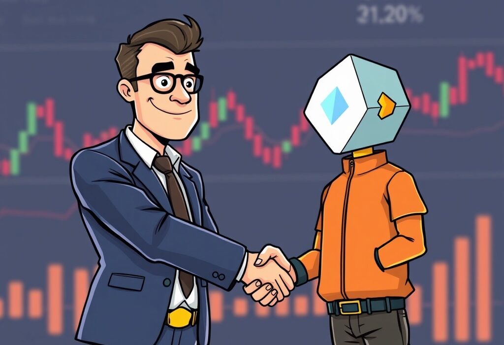 A cartoon illustration of a new leader bringing strategic direction to CoinDesk Indices, symbolizing growth in crypto data.