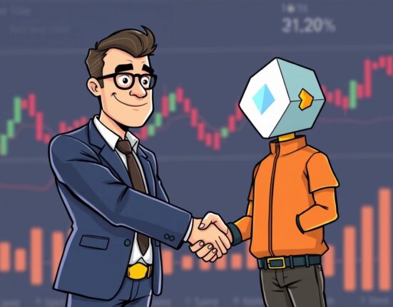 A cartoon illustration of a new leader bringing strategic direction to CoinDesk Indices, symbolizing growth in crypto data.