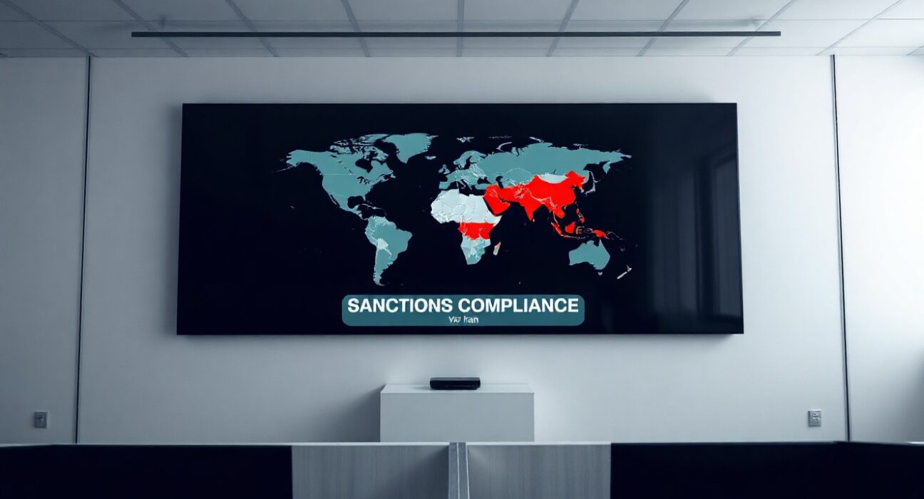 CoinEx office with digital screen showing Iran sanctions compliance warning