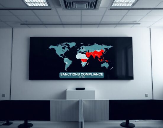 CoinEx office with digital screen showing Iran sanctions compliance warning