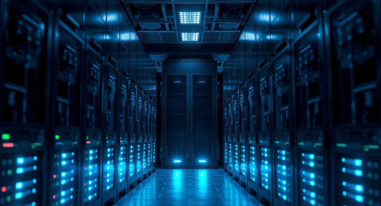 Dark server room with blue LED lights representing cryptocurrency exchange infrastructure.