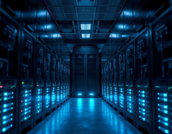 Dark server room with blue LED lights representing cryptocurrency exchange infrastructure.