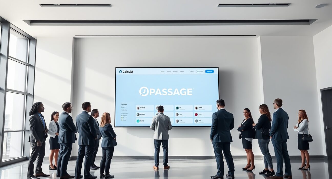 CoinList Passage platform interface displayed in a modern office lobby with professionals observing.