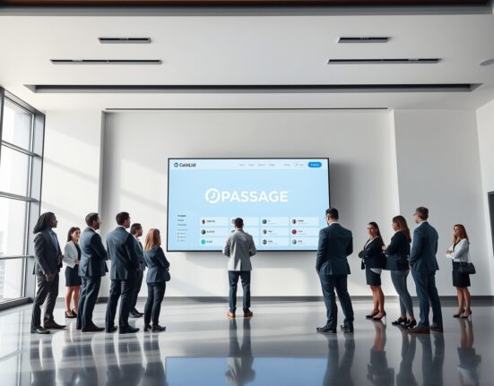 CoinList Passage platform interface displayed in a modern office lobby with professionals observing.