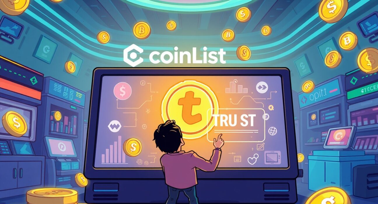 A vibrant cartoon illustration of a digital exchange, highlighting the opportunity of the CoinList token sale for the new TRUST governance token.