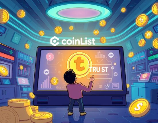 A vibrant cartoon illustration of a digital exchange, highlighting the opportunity of the CoinList token sale for the new TRUST governance token.