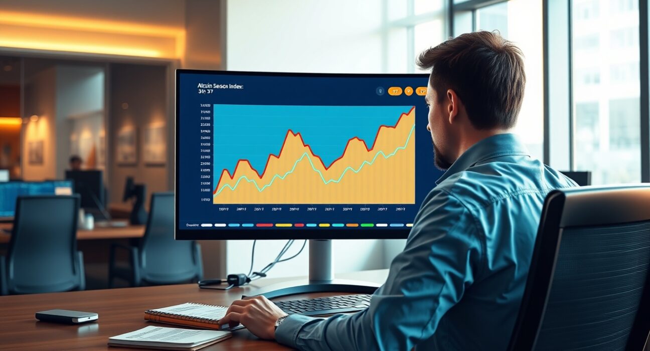 Analyst reviewing CoinMarketCap's Altcoin Season Index data chart on a financial newsroom monitor.