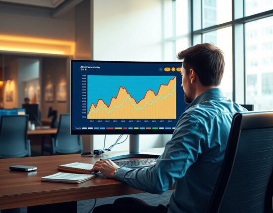Analyst reviewing CoinMarketCap's Altcoin Season Index data chart on a financial newsroom monitor.