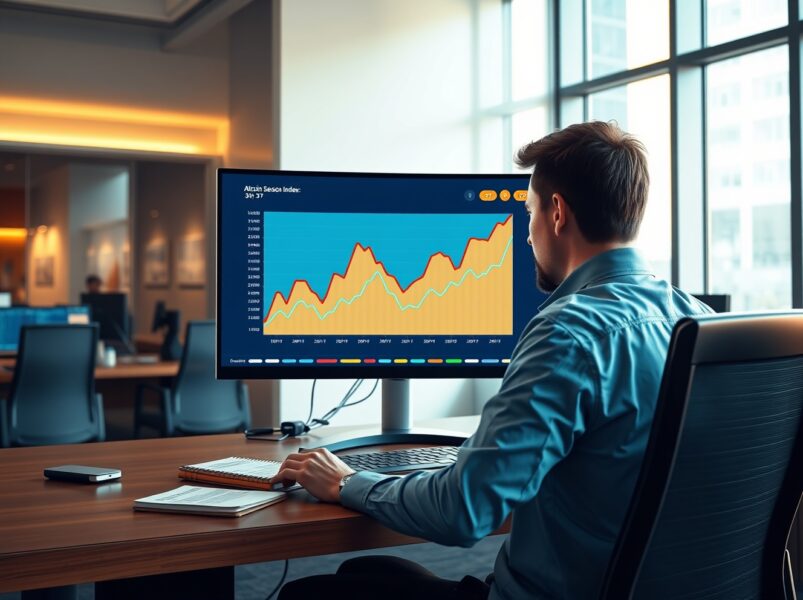 Analyst reviewing CoinMarketCap's Altcoin Season Index data chart on a financial newsroom monitor.