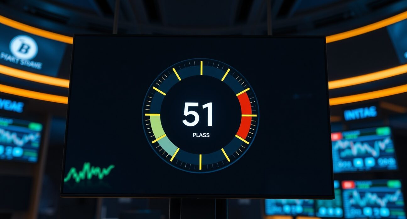 Digital gauge showing Altcoin Season Index at 51 on a trading floor monitor