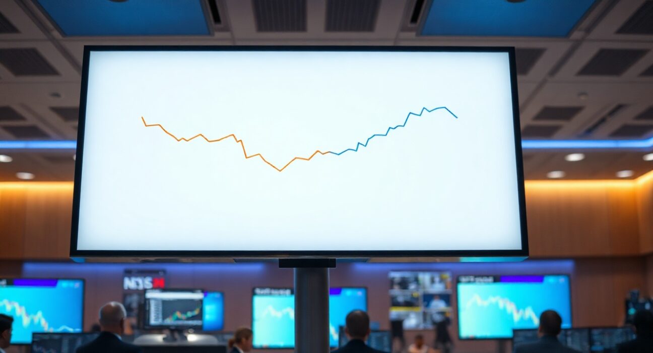 Analyst monitors cryptocurrency price chart on trading floor display