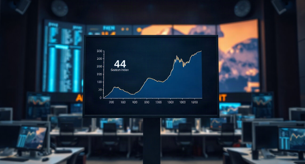 Digital screen showing Altcoin Season Index at 44 in a financial newsroom