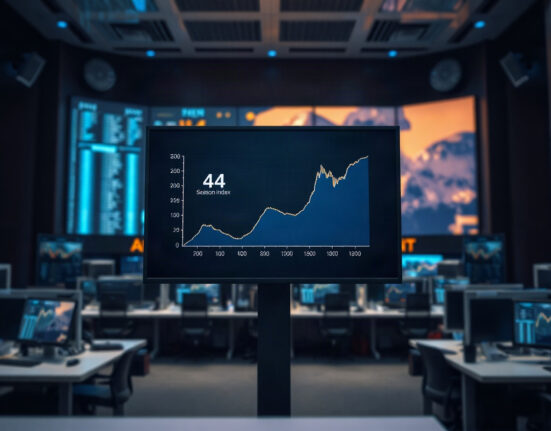 Digital screen showing Altcoin Season Index at 44 in a financial newsroom