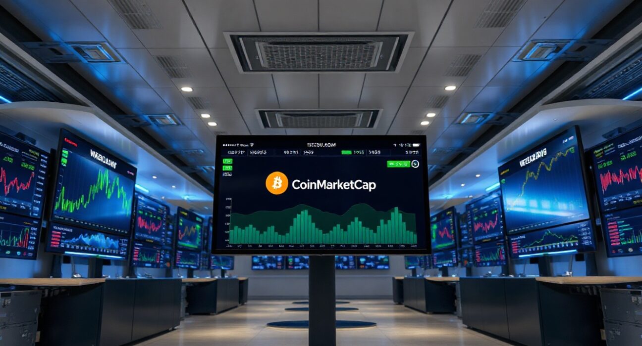Digital dashboard displaying tokenized asset market data on screens in a modern trading floor