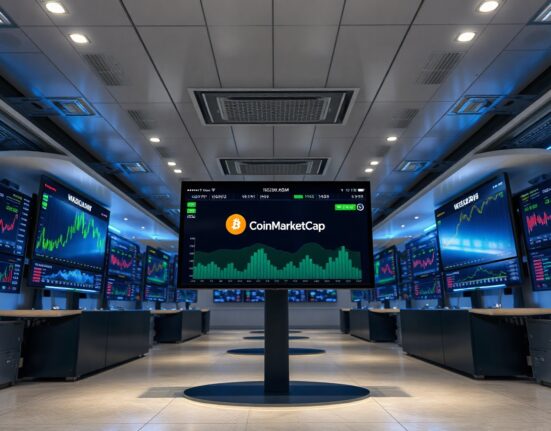 Digital dashboard displaying tokenized asset market data on screens in a modern trading floor