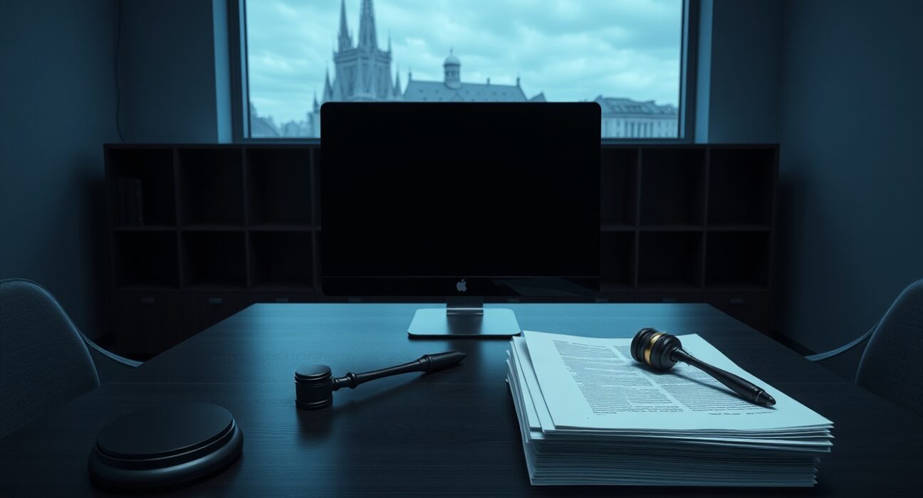 Empty office desk with legal documents and gavel in a dimly lit Tallinn office, representing Coinmetro's bankruptcy filing.