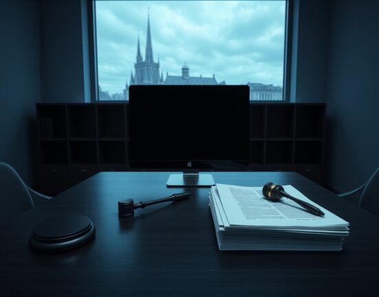 Empty office desk with legal documents and gavel in a dimly lit Tallinn office, representing Coinmetro's bankruptcy filing.