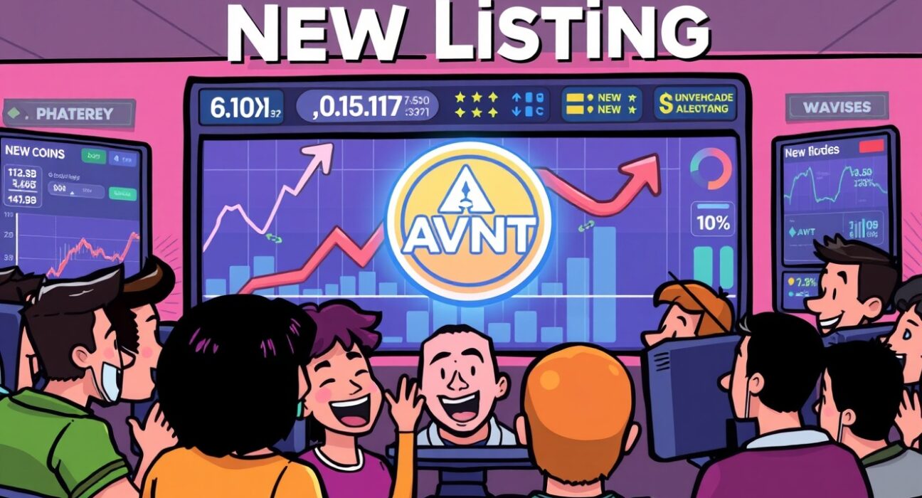 A vibrant cartoon shows investors celebrating the Avantis (AVNT) listing on a crypto exchange, symbolizing new trading opportunities.