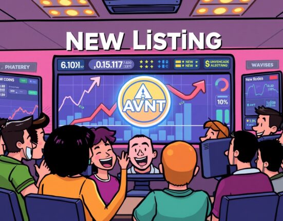 A vibrant cartoon shows investors celebrating the Avantis (AVNT) listing on a crypto exchange, symbolizing new trading opportunities.