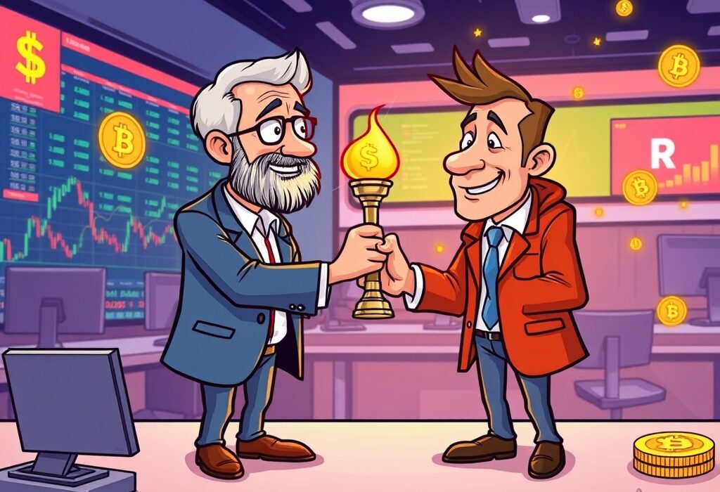 A cartoon illustration showing the significant Coinone CEO change and leadership transition.