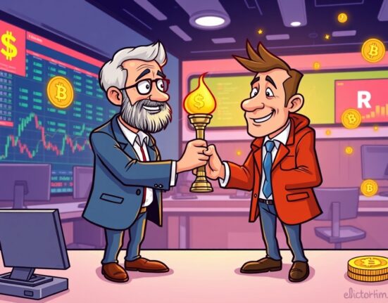 A cartoon illustration showing the significant Coinone CEO change and leadership transition.