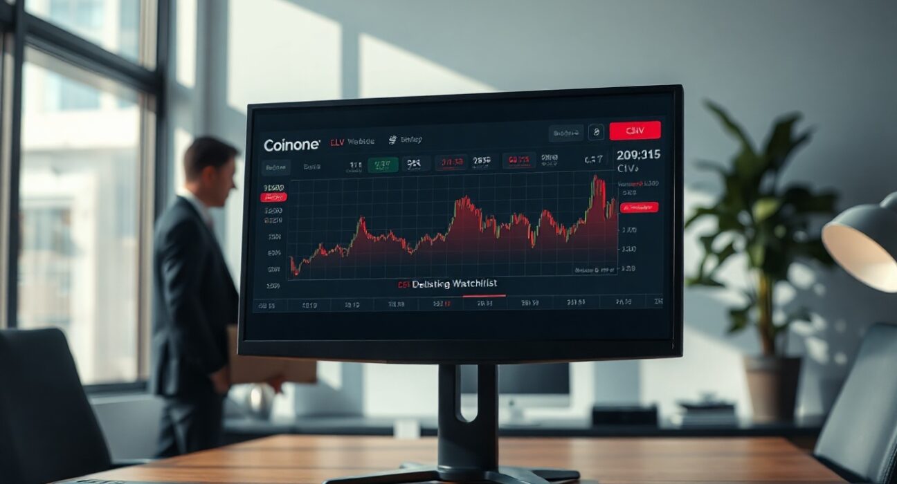 Coinone exchange interface showing CLV token on delisting watchlist with red warning indicator.
