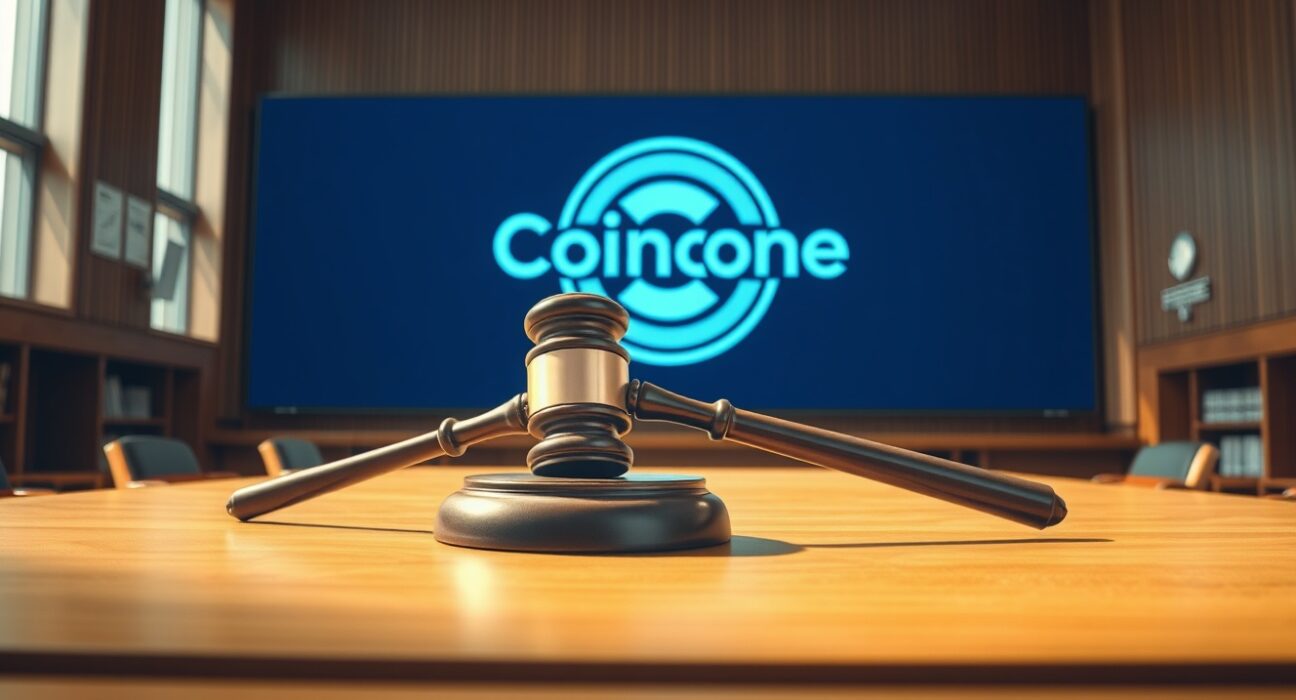 Coinone court suspension illustration showing a gavel and digital exchange logo in a courtroom setting
