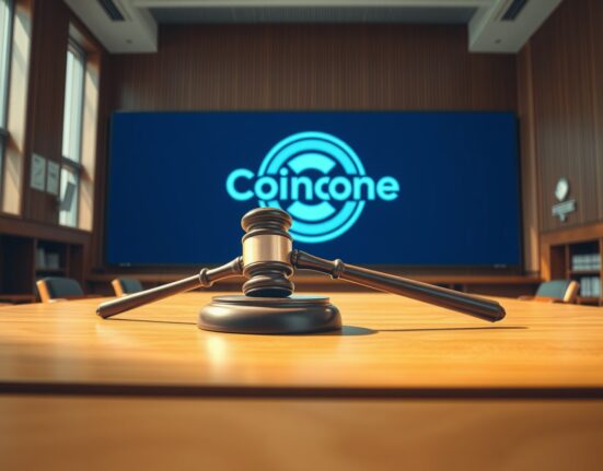 Coinone court suspension illustration showing a gavel and digital exchange logo in a courtroom setting