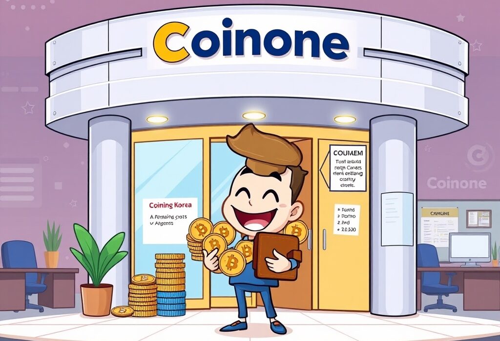 A cartoon illustration showing Coinone, a South Korean crypto exchange, successfully managing its crypto holdings sale for operational stability.