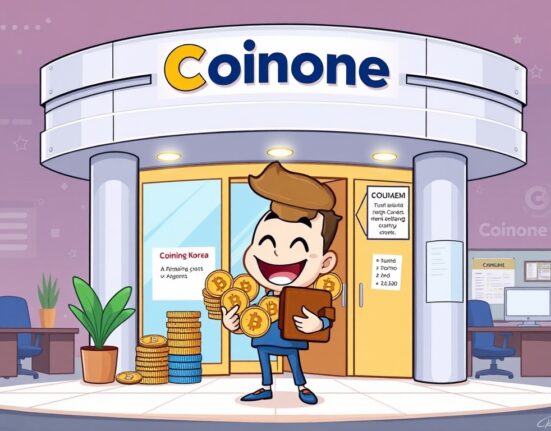 A cartoon illustration showing Coinone, a South Korean crypto exchange, successfully managing its crypto holdings sale for operational stability.