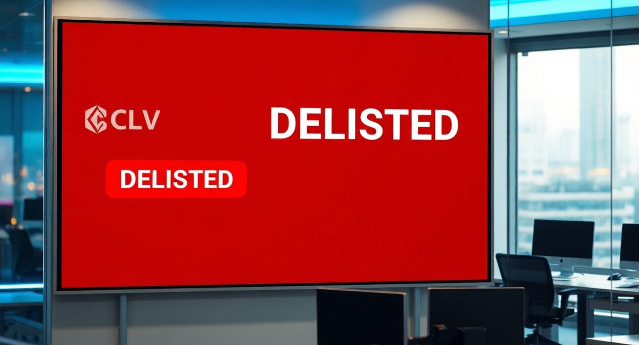 Digital display showing CLV delisting notice on Coinone exchange