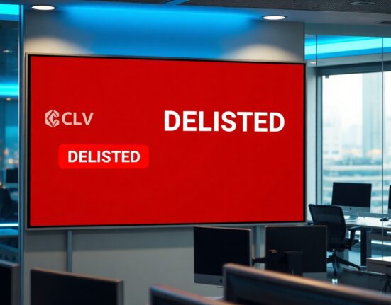 Digital display showing CLV delisting notice on Coinone exchange