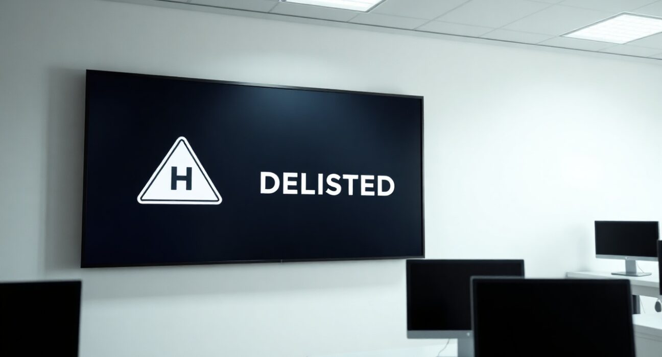 Digital screen displaying a delisting notice for Humanity token at a South Korean cryptocurrency exchange.