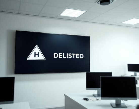 Digital screen displaying a delisting notice for Humanity token at a South Korean cryptocurrency exchange.