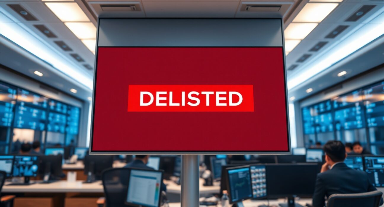 Digital trading screen showing PTB token delisting alert at Coinone exchange office in Seoul