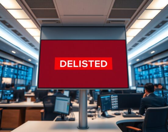 Digital trading screen showing PTB token delisting alert at Coinone exchange office in Seoul