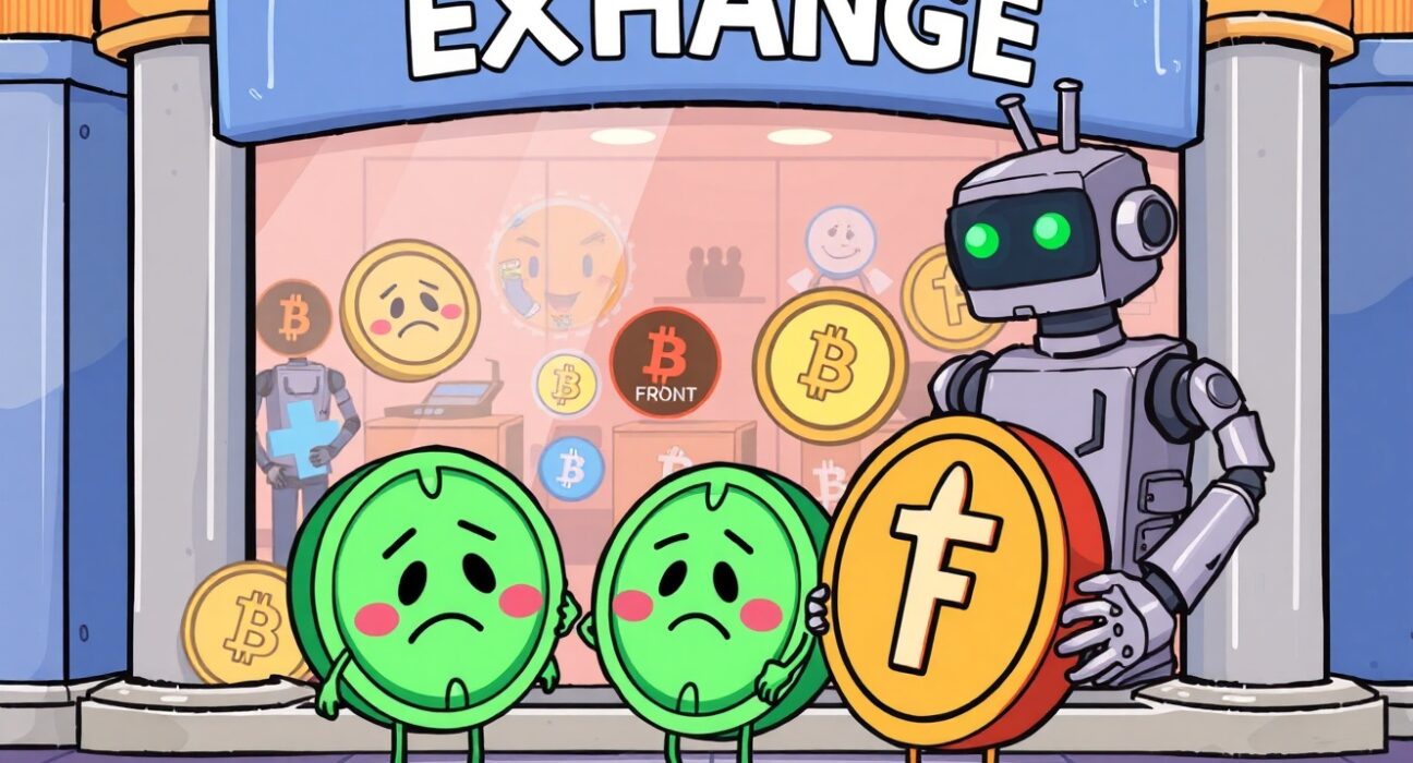 A cartoon illustration showing KAI and FRONT coin characters being escorted out of a Coinone exchange building, representing the Coinone delisting event.
