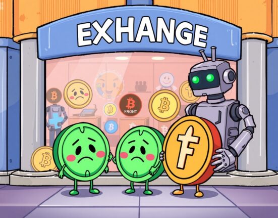 A cartoon illustration showing KAI and FRONT coin characters being escorted out of a Coinone exchange building, representing the Coinone delisting event.