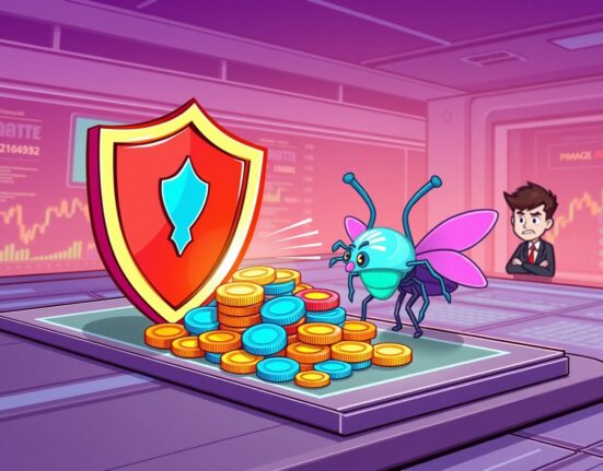 Cartoon illustration of a crypto exchange protecting user assets by delisting a compromised token, Coinone delist PORT3.