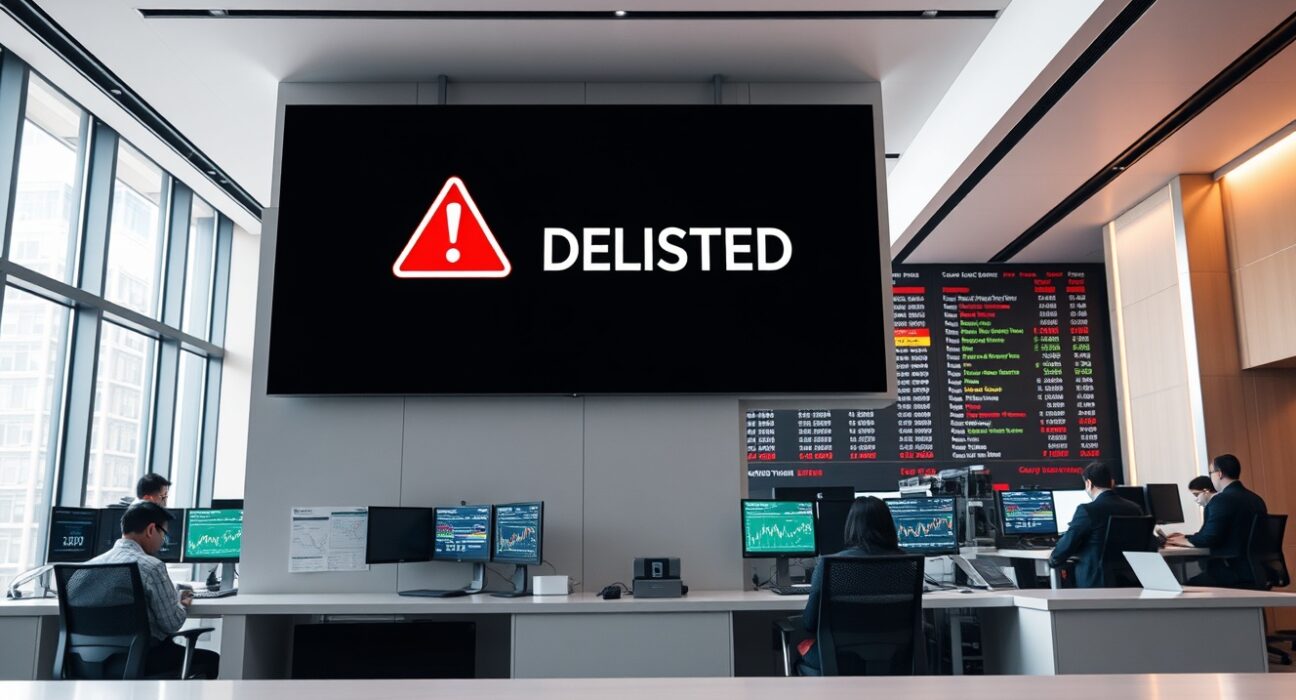 Coinone exchange office with digital screen showing Everclear delisting warning