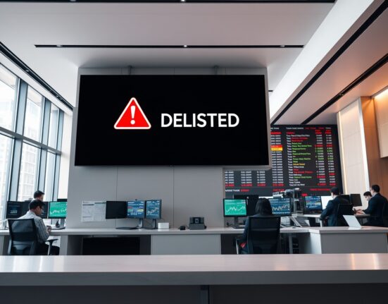 Coinone exchange office with digital screen showing Everclear delisting warning