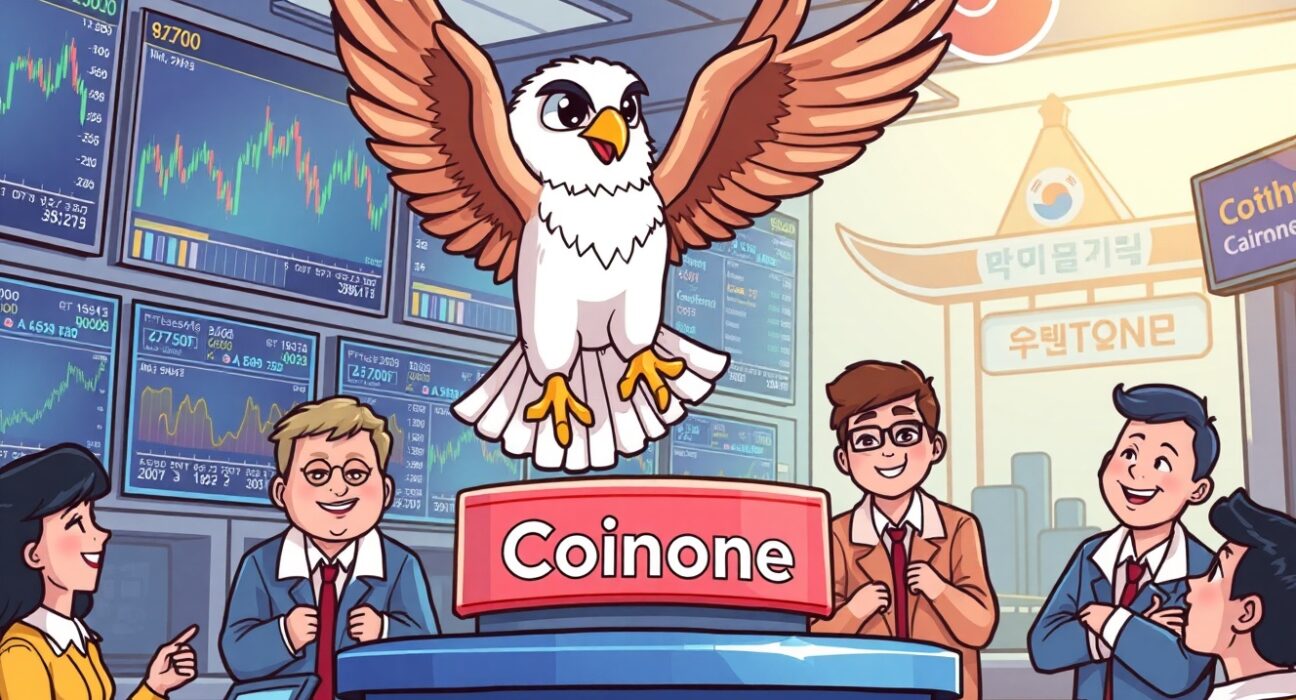 Cartoon illustration showing a falcon landing on a Coinone platform, symbolizing the exciting Coinone Falcon Finance listing.