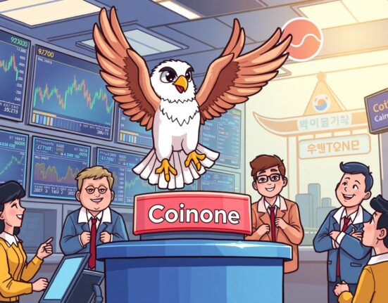 Cartoon illustration showing a falcon landing on a Coinone platform, symbolizing the exciting Coinone Falcon Finance listing.
