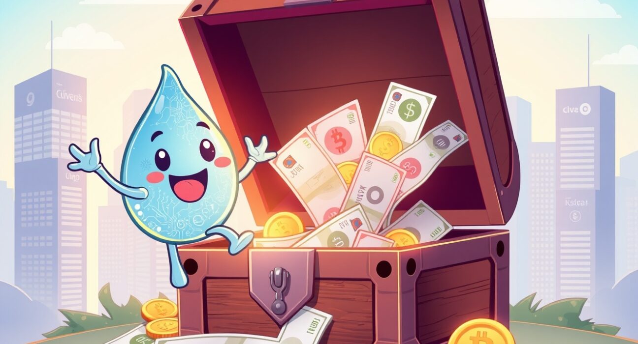 A cartoon water droplet token celebrating its Humidify WET listing on the Coinone exchange with Korean Won.