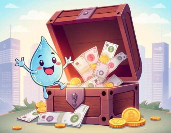 A cartoon water droplet token celebrating its Humidify WET listing on the Coinone exchange with Korean Won.
