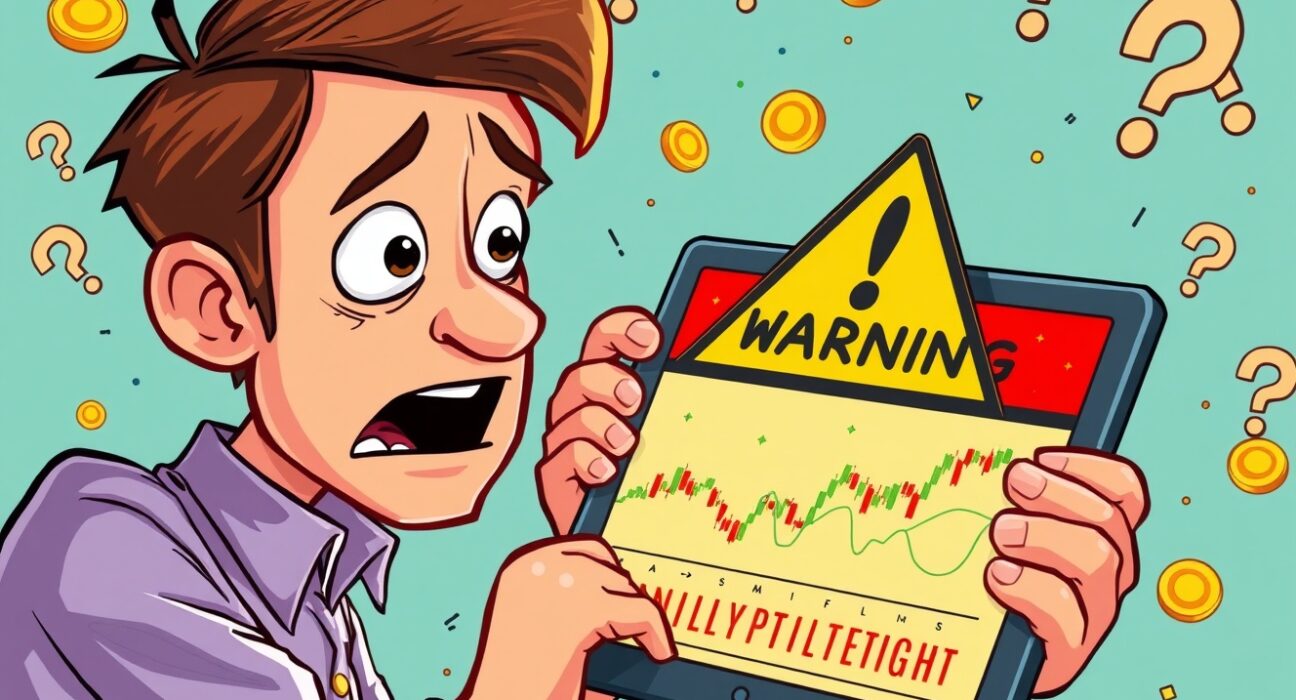 Coinone investment warning for MAVIA token illustrated as a concerned crypto investor