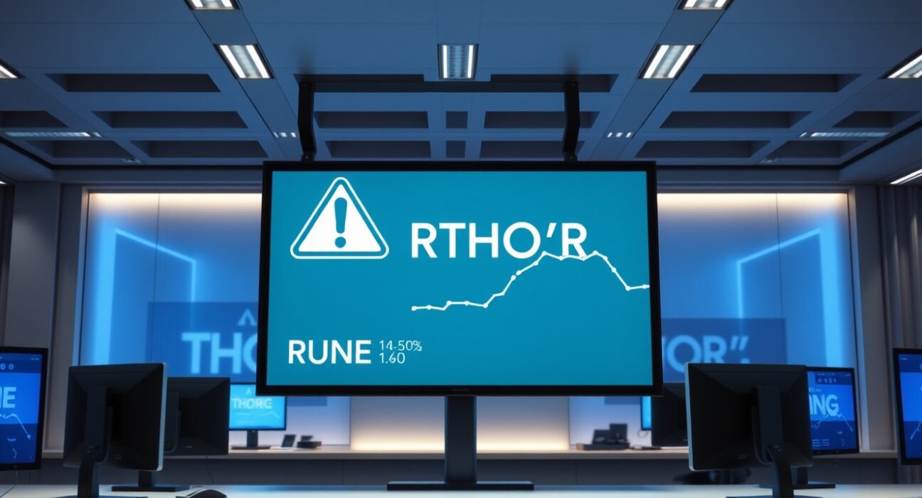 Digital screen showing a warning alert with THORChain and RUNE logo in a financial news studio.