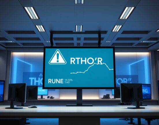 Digital screen showing a warning alert with THORChain and RUNE logo in a financial news studio.